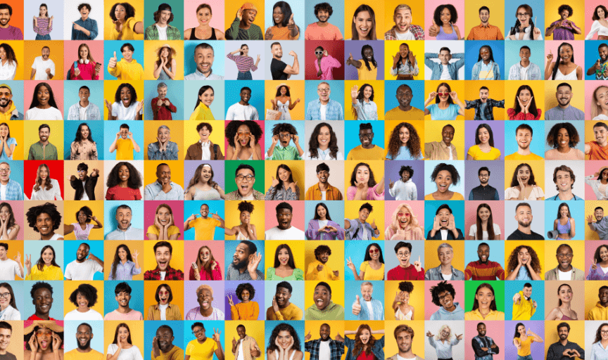 A collage of multiracial, multiethnic faces to illustrate the concept of best practice in running public consultations